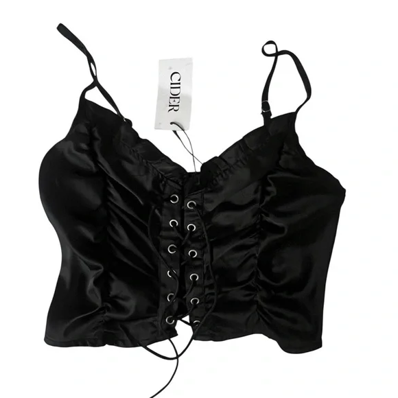 NWT Cider Black Satin Lace-Up Corset Crop Top – Size S - Picture 1 of 2